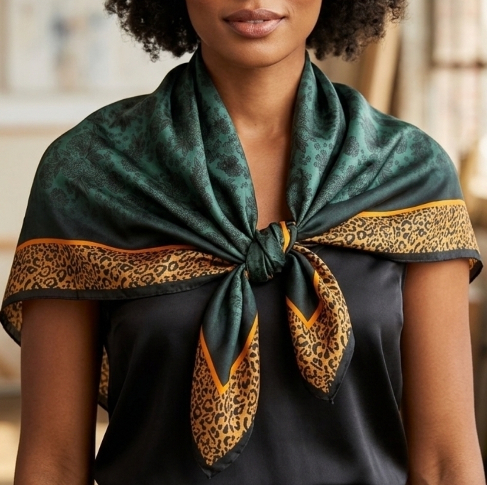 NWT Emerald Floral & Leopard Mixed Print Satin Square Neck Scarf Head Wrap 35"